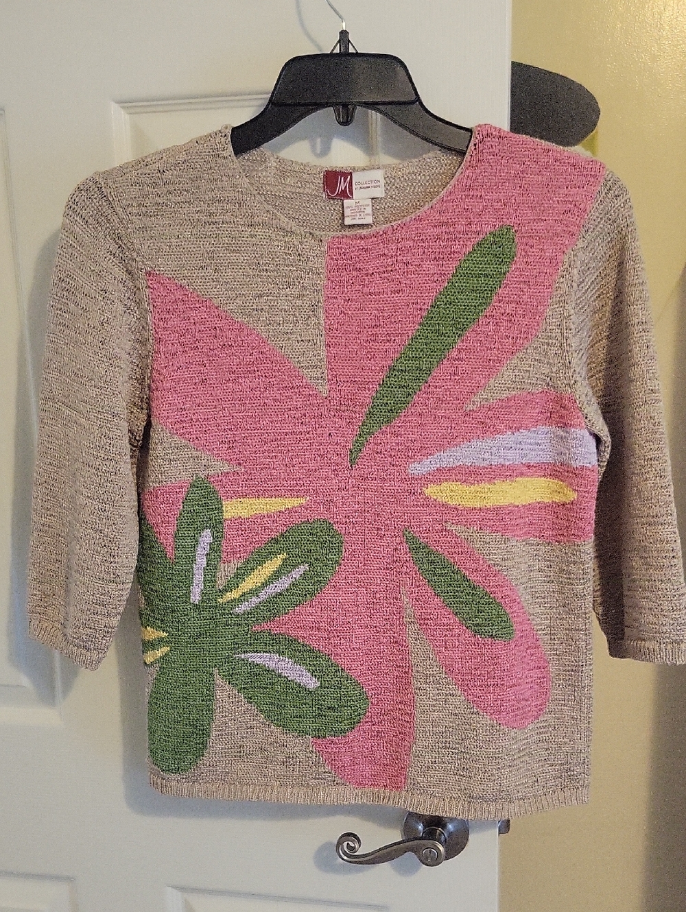 JM Collection Med Beige Crewneck Sweater with Pink & Green Floral Design front